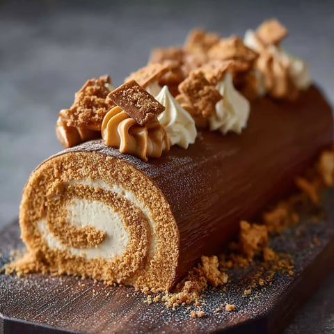 Une bûche au chocolat et au caramel, garnie de crumble de beurre et de crème fouettée, est servie sur un plateau.