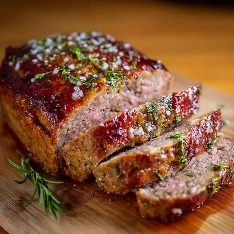 Une tranche de Pain de Cochon avec des herbes et des épices sur un plan de travail.