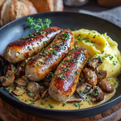 Saucisses de porc grillés avec des champignons et des pommes de terre.
