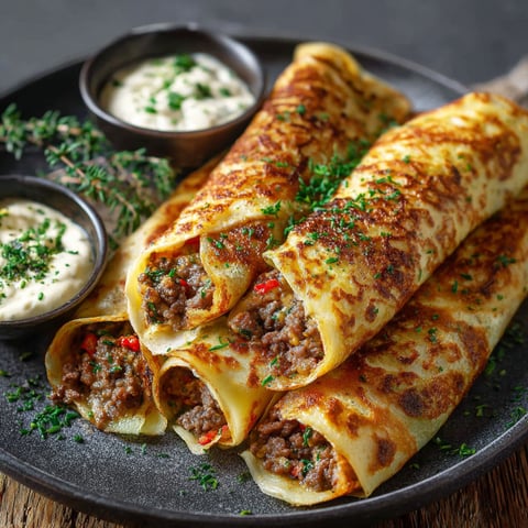 Crêpes Salées, une recette savoureuse et délicieuse, est servie sur un plateau en verre.