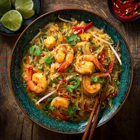 Une assiette de Pad Thaï, une recette de cuisine asiatique, est servie sur une table.