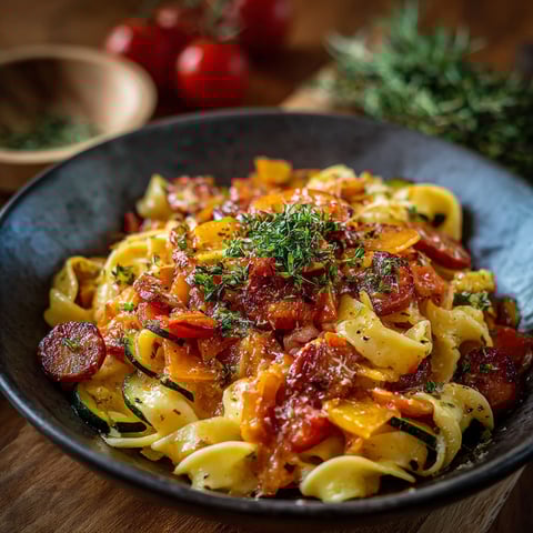 Une plate de pâtes aux tomates et aux épinards, accompagnée de légumes frais.