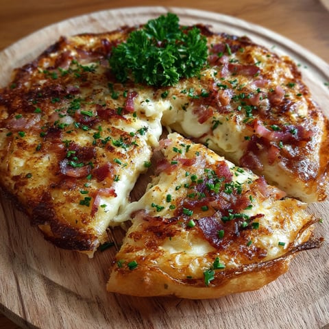 Une pizza flammekueche, avec des herbes et des bacon, est servie sur un plateau en bois.