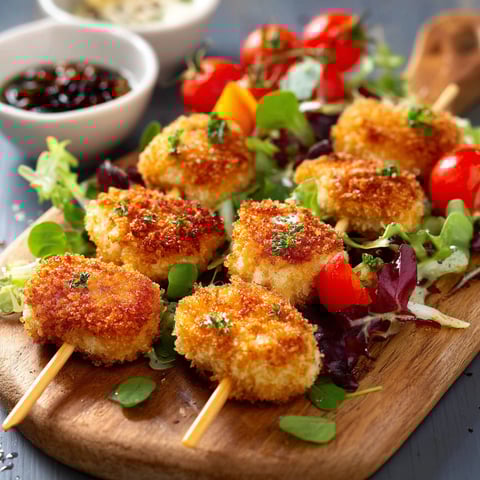 Des brochettes de poulet grillées avec des légumes et une sauce.