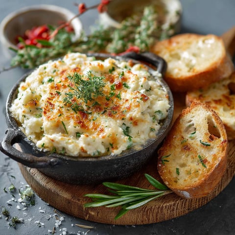 Une recette de Brandade est servie sur un plateau avec des tranches de pain et des herbes fraîches.