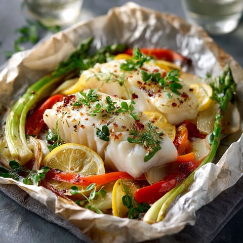 Un plat de cabillaud en papillote avec des légumes et des herbes.