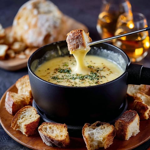 Une tasse de fondue chaude avec des tranches de pain grillé.