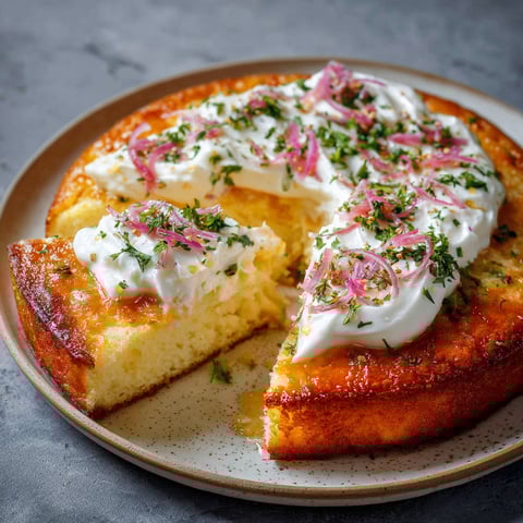 Une portion de gâteau avec des pommes et des herbes sur un plateau.