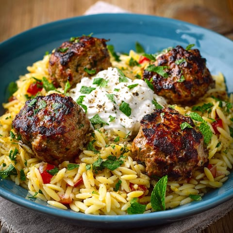 Boulettes de viande avec des légumes et des herbes, servies dans un bol bleu.