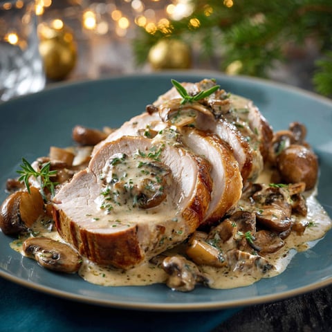 Un filet de porc enveloppé dans une sauce au mushroom, avec des champignons et des herbes.