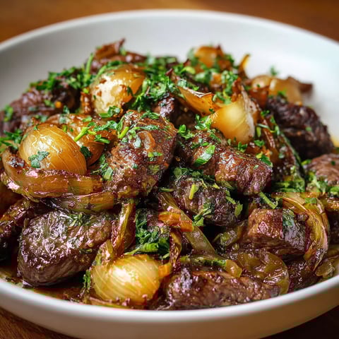 Un plat de bœuf sauté aux oignons, avec des herbes et des légumes, est servie sur une table.