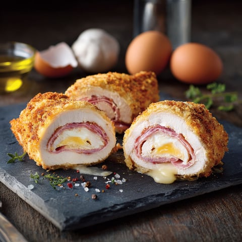 Roulés de Poulet Cordon Bleu, une recette savoureuse et délicieuse, est servie sur un plateau en pierre.