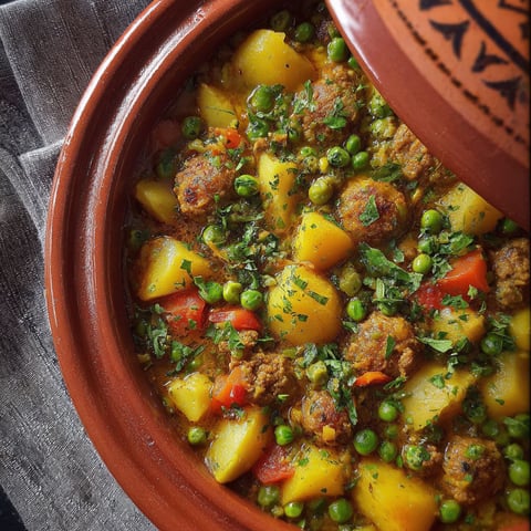 Une tasse de Tajine de viande hachée, petits pois et pommes de terre, servie sur une table.