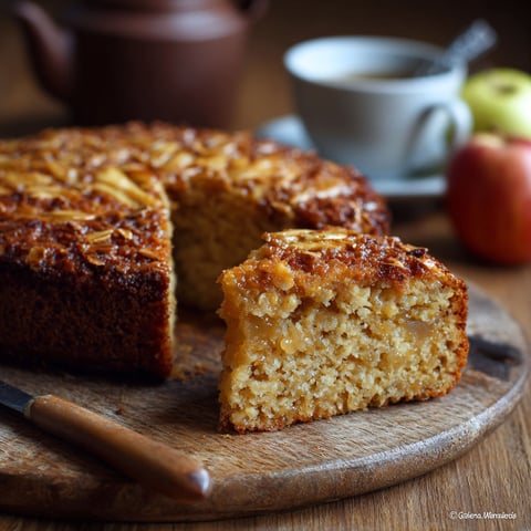 Une tranche de gâteau léger à l'avoine et compote de pomme sur une table.
