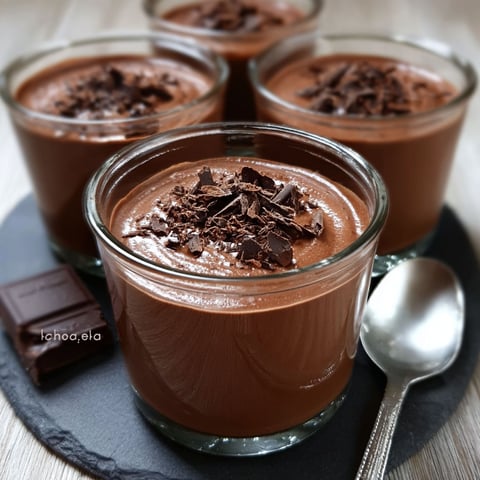 Une tasse de crème chocolat maison ultra onctueuse et savoureuse, accompagnée d'un café et d'un chocolat.