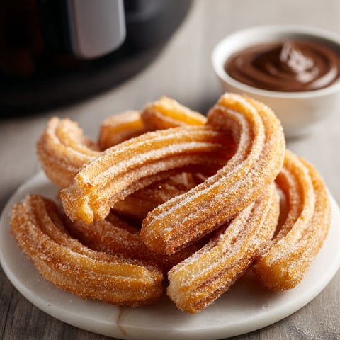 Une plaque de churros frits dans un airfryer, avec une cuillère de chocolat fondu dessus.