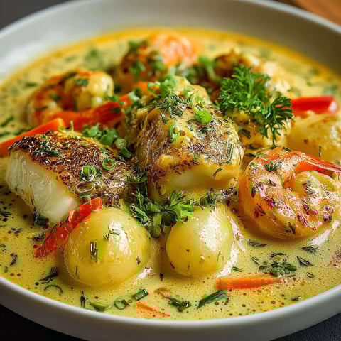 Plate of food with a white bowl containing shrimp, potatoes, and carrots, all covered in a creamy sauce.