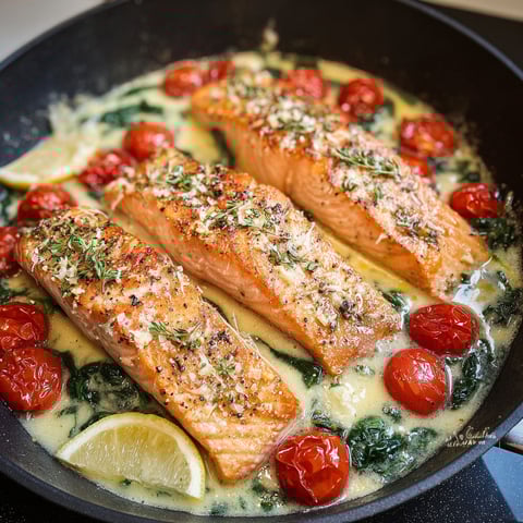 Saumon à la toscane, une recette savoureuse avec des tomates, des herbes et des citrons.