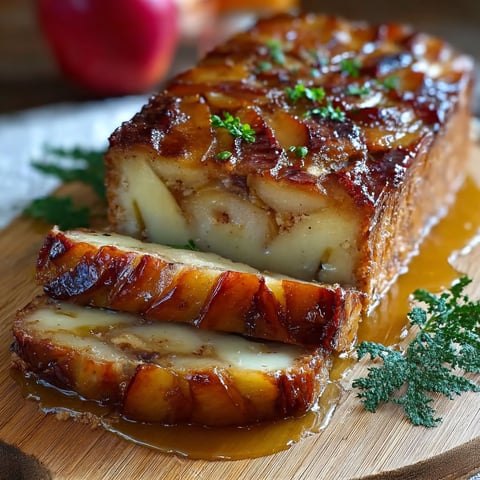 Une terrine aux pommes caramélisées est servie sur un plateau en bois.