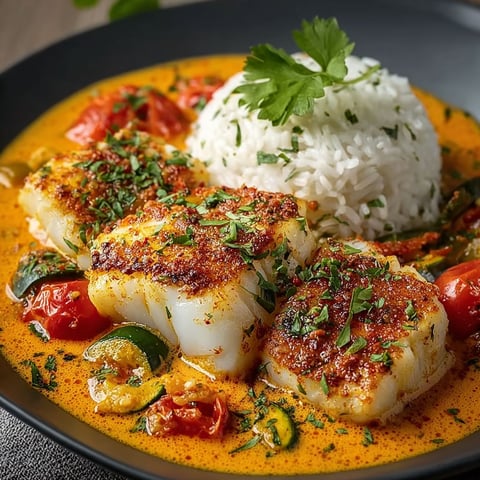 Colombo de cabillaud à ma façon, une recette de poisson maison avec des légumes et des herbes, servis sur un plateau noir.