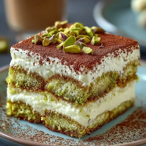 Une délicieuse tarte à la pistache, garnie de pistaches et de café, est servie sur un plateau.