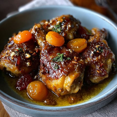 Une assiette de poulet mijoté au miel, pain d'épices et abricots secs.