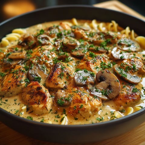 Un plat de poulet Stroganoff aux champignons, avec des herbes et des noix de cajou, est servie dans un bol sur une table.