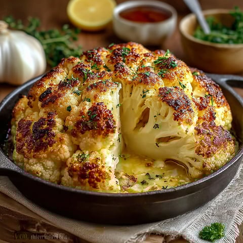 Une poêle contenant des choux-fleurs entiers rôtis avec du beurre.