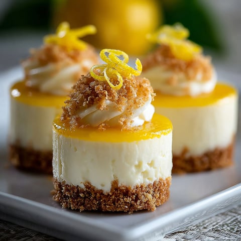 Des mini-tartes de citron et de fromage, garnies de citrons et de crumbles de beurre, sont servies sur un plateau.