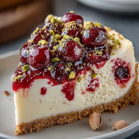 Une tarte aux cerises et pistaches, avec une base de crème de chevre, est servie sur un plateau.