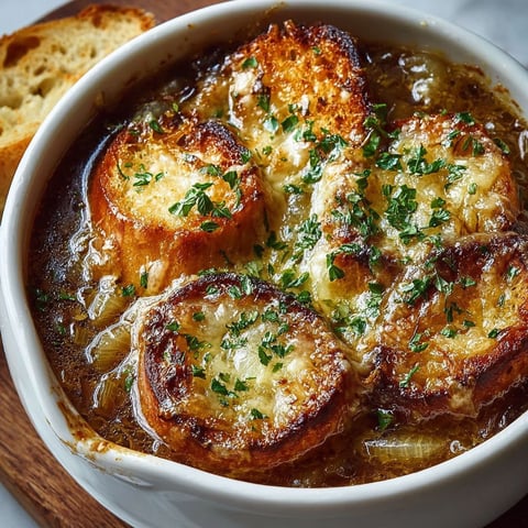Une soupe à l'oignon gratinée facile est servie dans un bol sur une table.