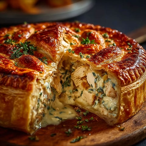Une tourte au poulet maison est servie sur un plateau.