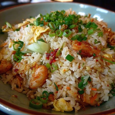 Une assiette de Riz Frit Thaïlandais, avec des légumes verts et des oeufs.