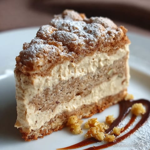 Une portion de gâteau Succès au Praliné, avec une sauce chocolat fondu et des pépites de chocolat.