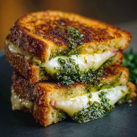 Une tranche de sandwich croque-monsieur chèvre pesto, avec des herbes vertes et du fromage.
