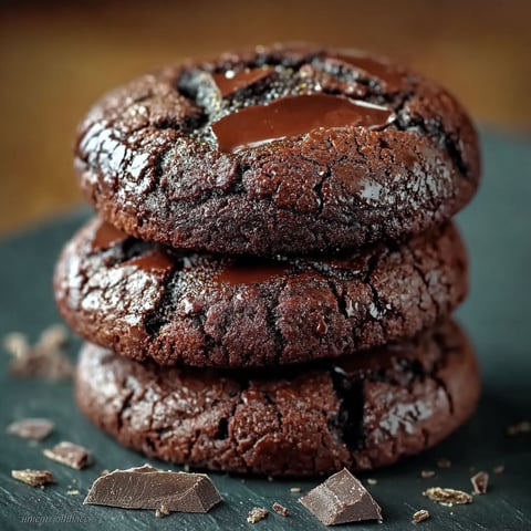 Trois piles de cookies façon brownie sur une table.