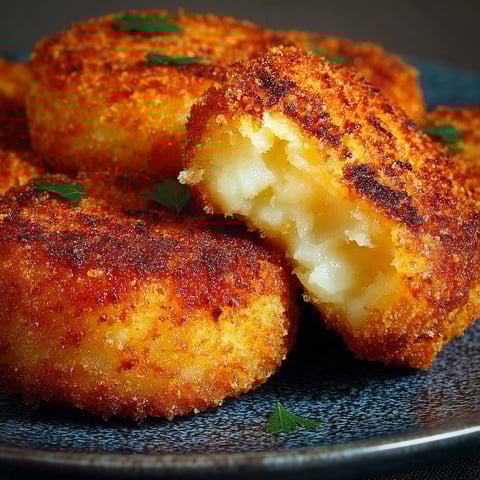 Une photo de croquettes de pommes de terre maison, avec des morceaux de pommes de terre et des herbes vertes.