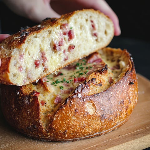 Une baguette de pain cocotte aux lardons et comté rapide sans pétrissage est présentée sur une table.
