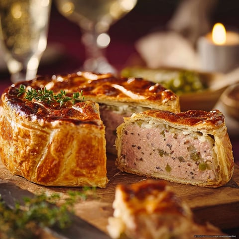 Une pâte en croûte de Noël est servie sur une table avec une bouteille de vin.