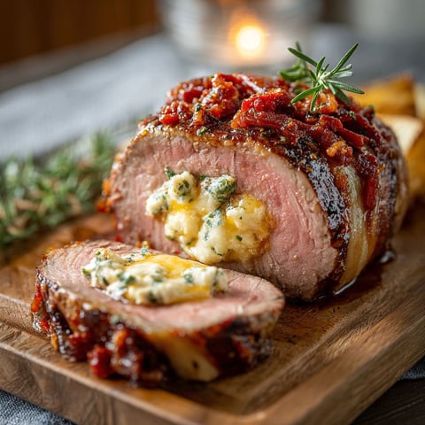 Un filet mignon farci au chorizo et comté est présenté sur une table, accompagné d'une salade et d'une baguette.