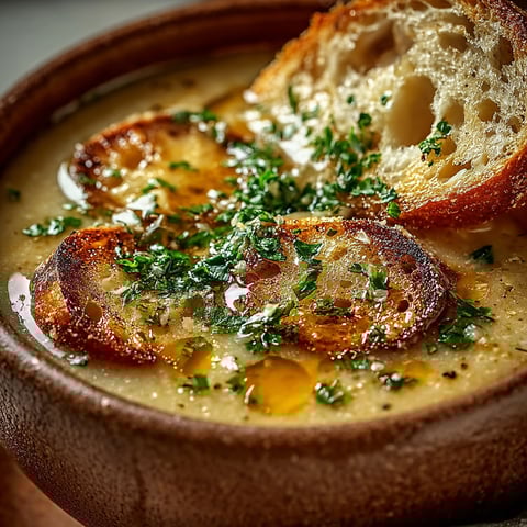 Une soupe à l'ail classique à la française, accompagnée de tranches de pain grillé et de herbes fraîches, est servie dans un bol en terre.