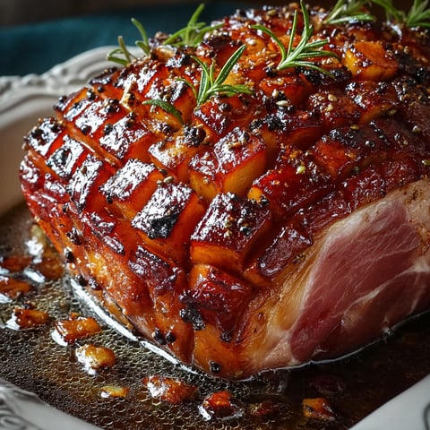 Un plat de jambon de Noël rôti au miel et au romarin, avec une sauce brune et des herbes fraîches.