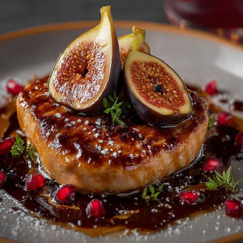 Foie gras poêlé aux figues, une recette savoureuse et délicieuse, est servie sur un plateau avec des fruits et des épices.