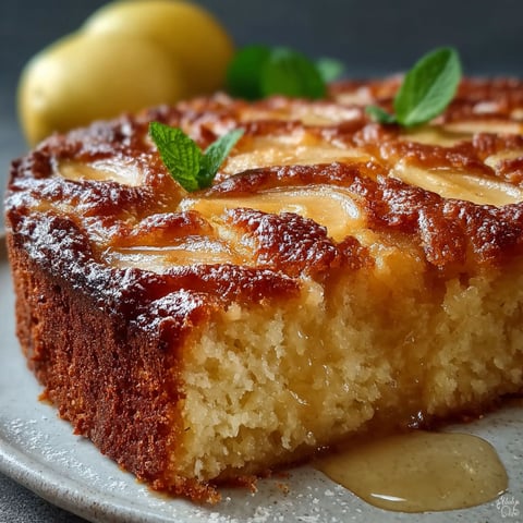 Une portion de cake aux pommes fondantes, avec des pommes et des herbes sur le dessert.