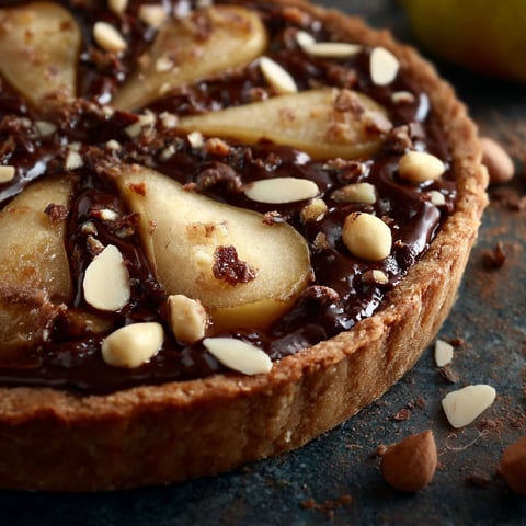 Une tarte aux pommes et noix de coco, garnie de pâte de noix et de chocolat, est servie sur une table.
