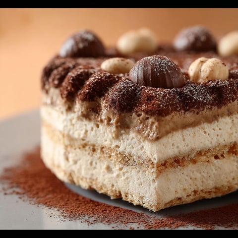 Une tarte Succès praliné à tomber, garnie de noix et de chocolat, est servie sur un plateau.