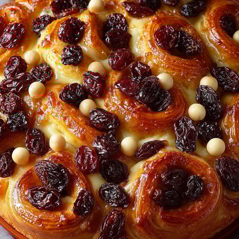 Une tarte aux raisins secs et à la crème pâtissière, garnie de noix.