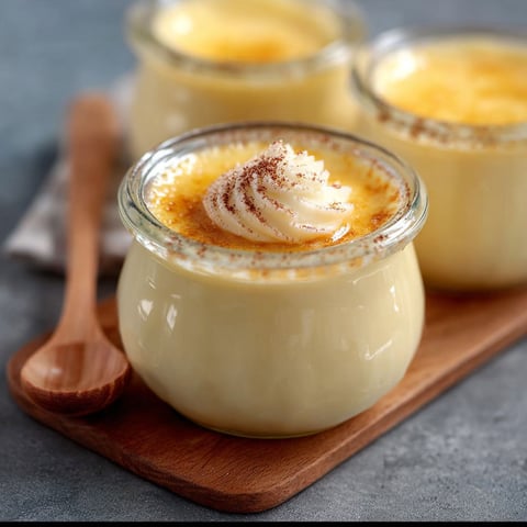 Un pot de crème à la vanille est sur un plateau avec une cuillère en bois.