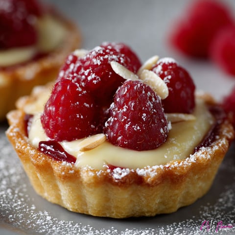 Une tartelettes aux amandes, gelée de framboises et crème pâtissière ultra-vanillée est servie sur une petite plate.
