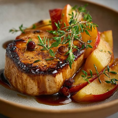 Foie gras poêlé aux pommes caramélisées, une recette savoureuse et délicieuse.